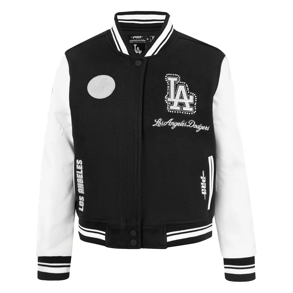 MLB LOS ANGELES DODGERS PEARLS WOMEN'S RIB WOOL VARSITY JACKET (BLACK/WHITE)