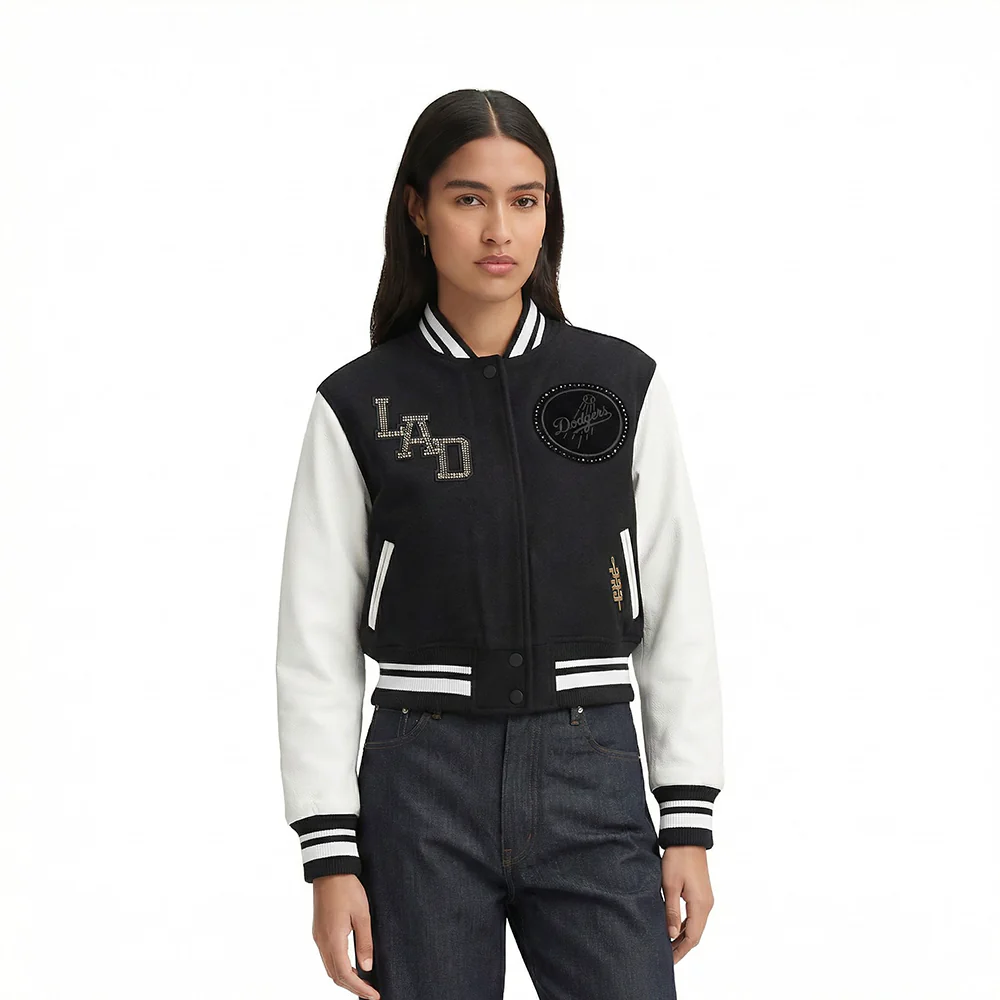 MLB LOS ANGELES DODGERS RENEGADE WOMEN'S RIB CROPPED WOOL VARSITY JACKET (BLACK/WHITE)