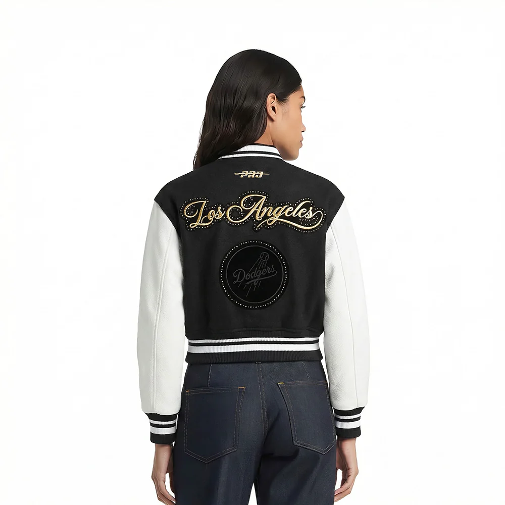 MLB LOS ANGELES DODGERS RENEGADE WOMEN'S RIB CROPPED WOOL VARSITY JACKET (BLACK/WHITE) - Image 2
