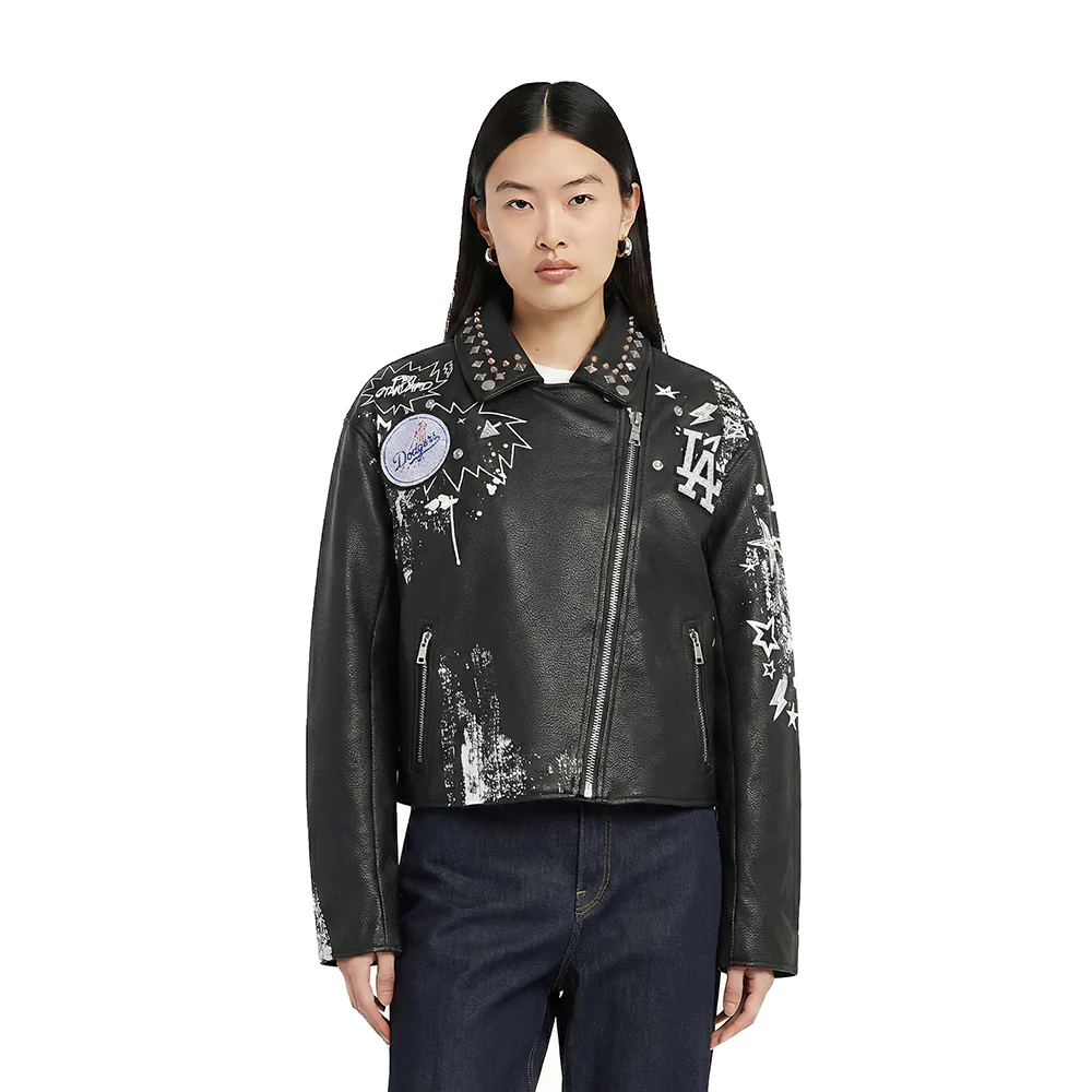 MLB LOS ANGELES DODGERS SKETCHBOOK WOMEN'S LEATHER JACKET (BLACK)