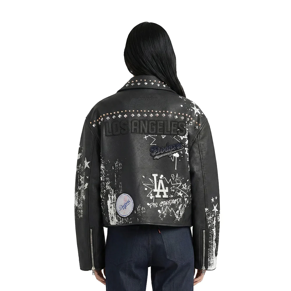 MLB LOS ANGELES DODGERS SKETCHBOOK WOMEN'S LEATHER JACKET (BLACK) - Image 2