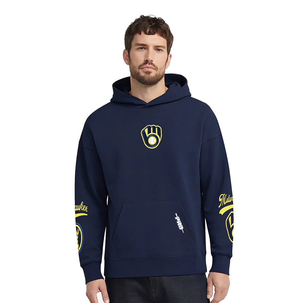 MLB MILWAUKEE BREWERS LIVING LARGE MEN'S DROP SHOULDER FLC PO HOODIE (MIDNIGHT NAVY)