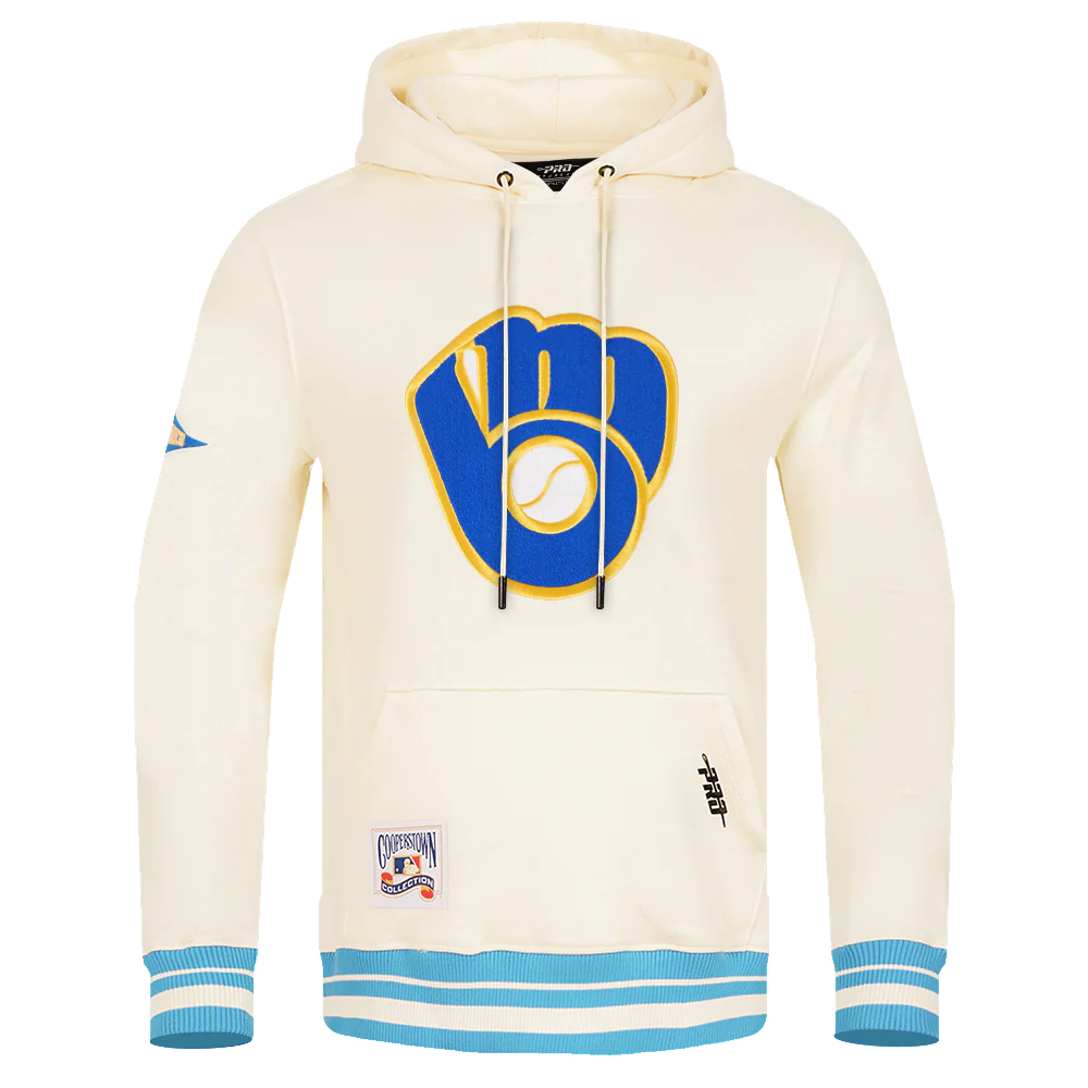 MLB MILWAUKEE BREWERS RETRO CLASSIC MEN'S PULLOVER HOODIE (EGGSHELL/ UNIVERSITY BLUE)