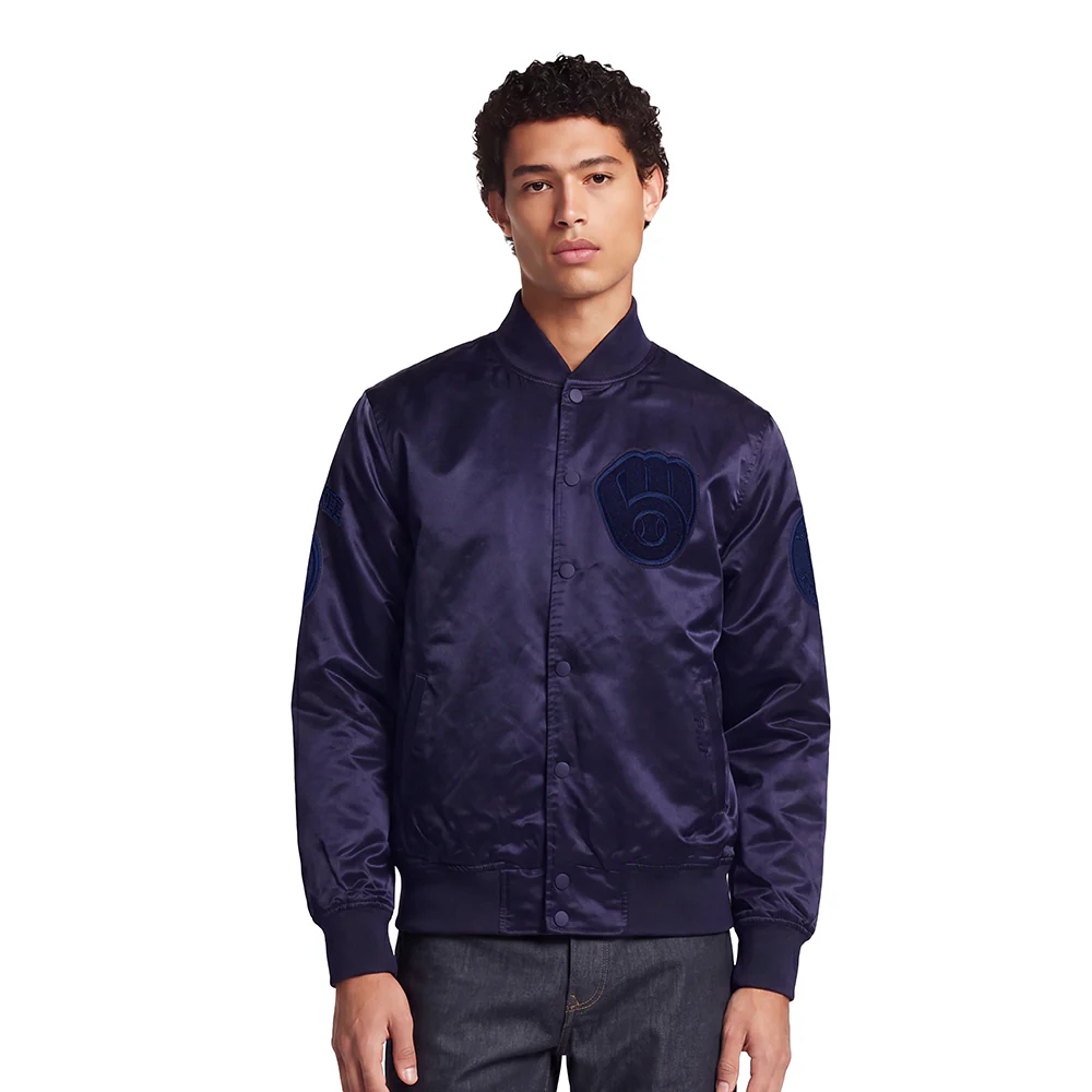 MLB MILWAUKEE BREWERS TRIPLE TONAL SATIN JACKET (NAVY)