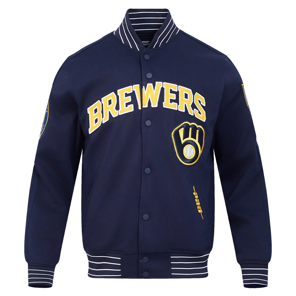 MLB MILWAUKEE BREWERS CURRENT LOGO PRO GAME DAY MEN'S DOUBLE KNIT JACKET (MIDNIGHT NAVY/WHITE)