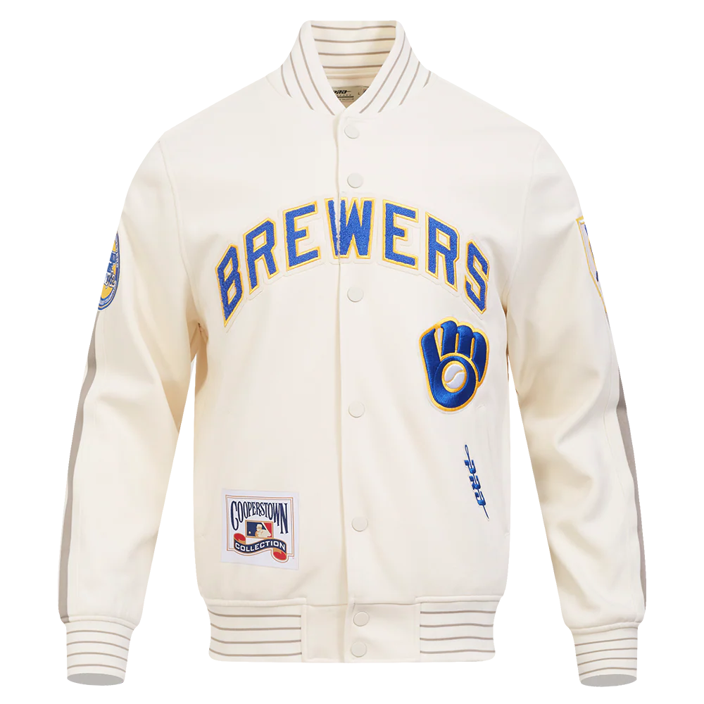 MLB MILWAUKEE BREWERS COOPERSTOWN LOGO PRO GAME DAY MEN'S DOUBLE KNIT JACKET (EGGSHELL/TAUPE/EGGSHELL)