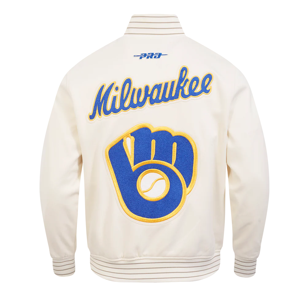 MLB MILWAUKEE BREWERS COOPERSTOWN LOGO PRO GAME DAY MEN'S DOUBLE KNIT JACKET (EGGSHELL/TAUPE/EGGSHELL) - Image 3
