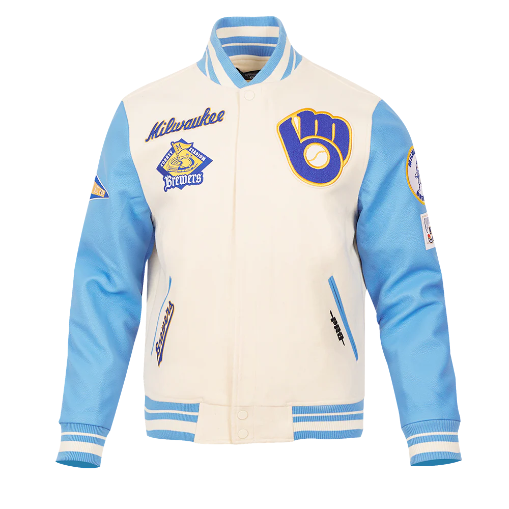 MLB MILWAUKEE BREWERS RETRO CLASSIC MEN'S RIB WOOL VARSITY JACKET (EGGSHELL/UNIVERSAL BLUE)