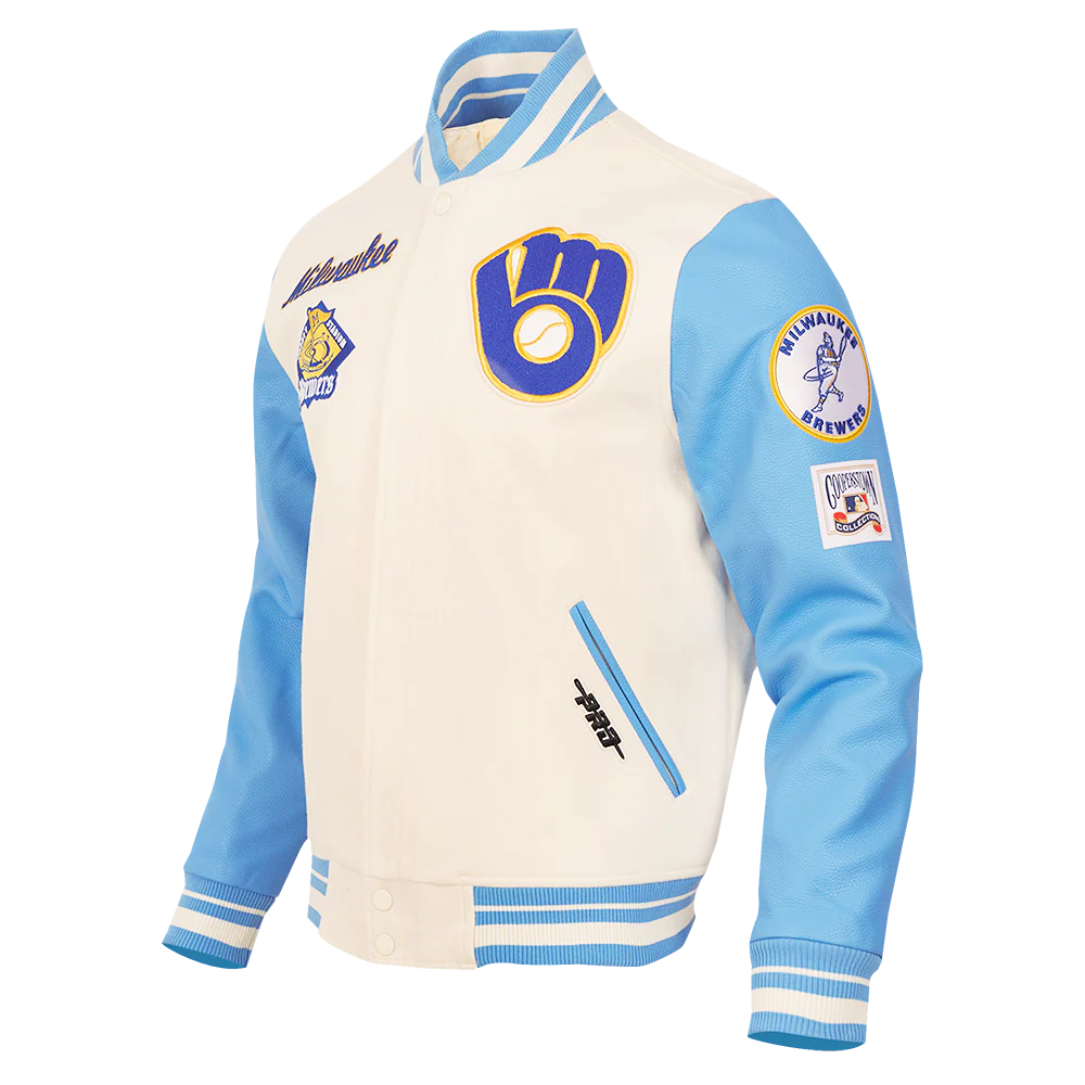 MLB MILWAUKEE BREWERS RETRO CLASSIC MEN'S RIB WOOL VARSITY JACKET (EGGSHELL/UNIVERSAL BLUE) - Image 2