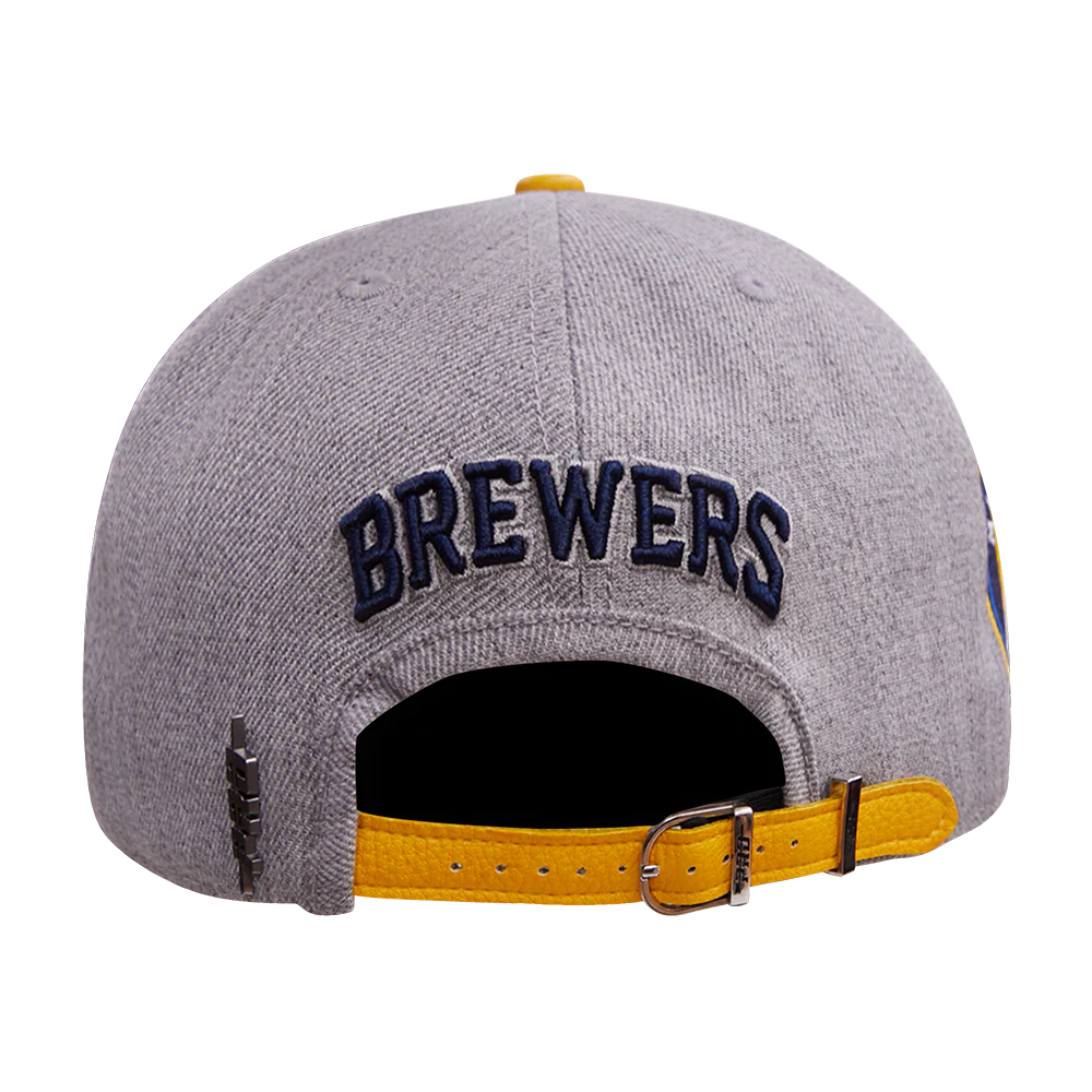 MLB MILWAUKEE BREWERS OLD ENGLISH UNISEX 6 PANEL LEATHER STRAPBACK (HEATHER GREY) - Image 5