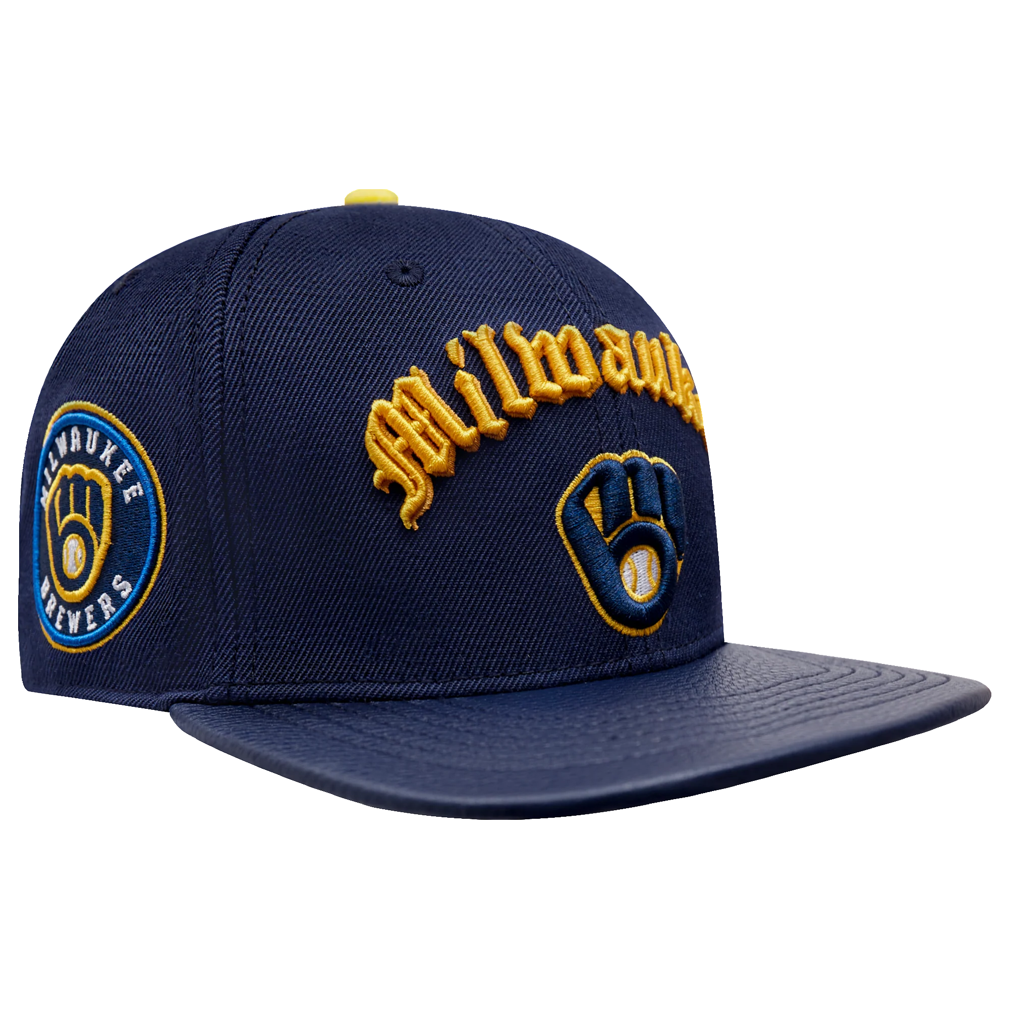MLB MILWAUKEE BREWERS OLD ENGLISH UNISEX 6 PANEL LEATHER STRAPBACK (MIDNIGHT NAVY) - Image 2