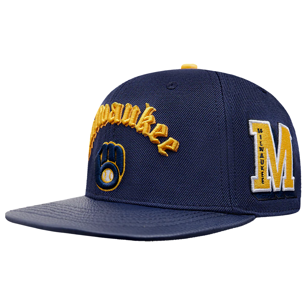 MLB MILWAUKEE BREWERS OLD ENGLISH UNISEX 6 PANEL LEATHER STRAPBACK (MIDNIGHT NAVY) - Image 3