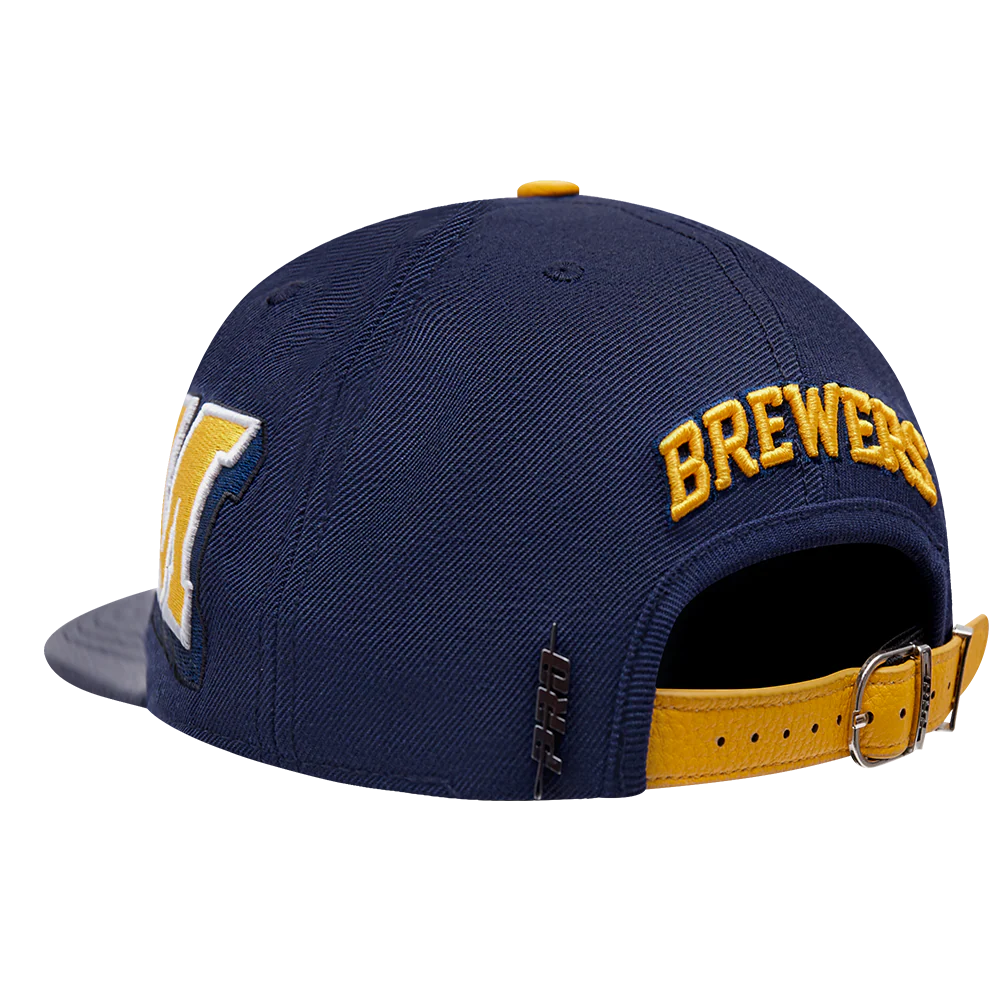MLB MILWAUKEE BREWERS OLD ENGLISH UNISEX 6 PANEL LEATHER STRAPBACK (MIDNIGHT NAVY) - Image 4