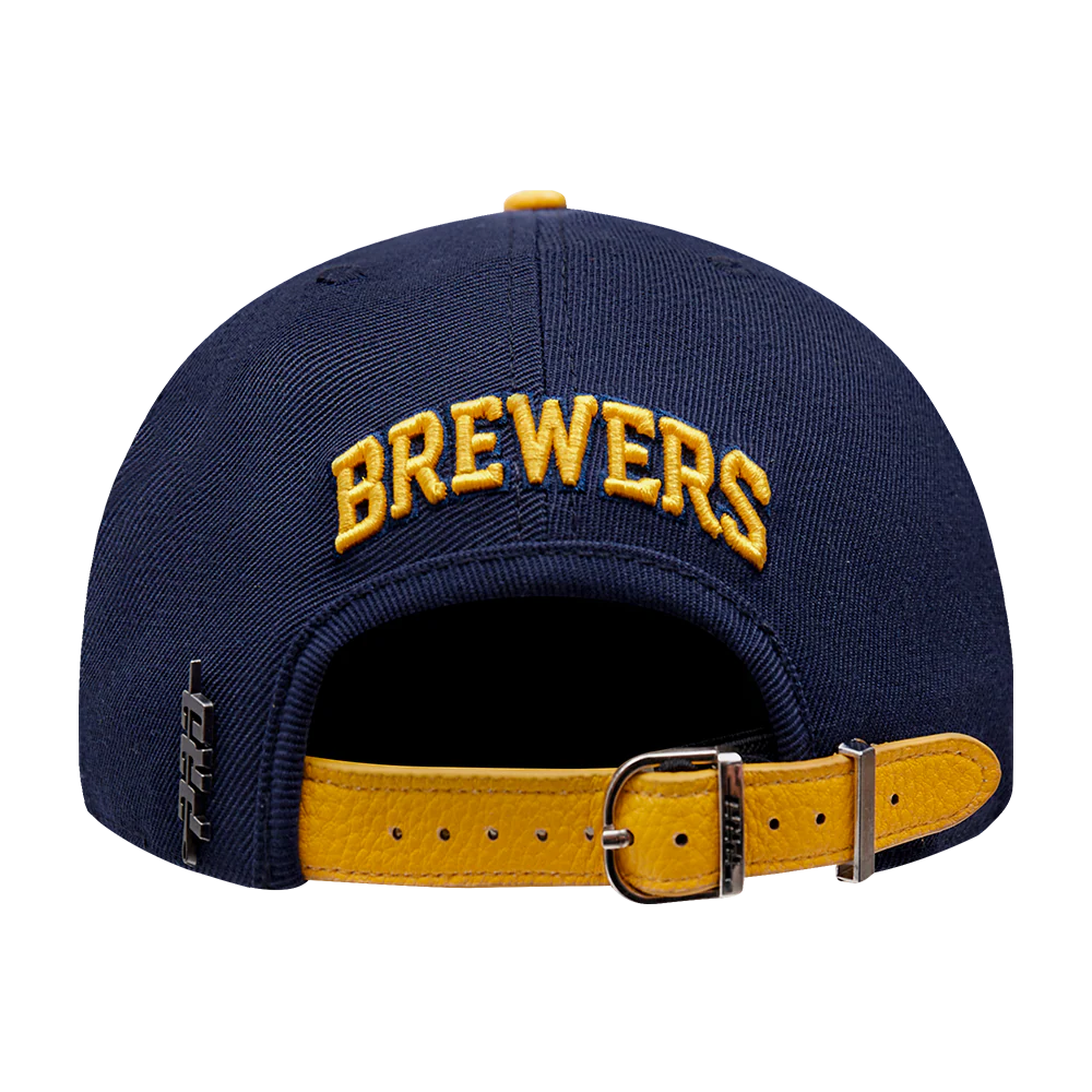 MLB MILWAUKEE BREWERS OLD ENGLISH UNISEX 6 PANEL LEATHER STRAPBACK (MIDNIGHT NAVY) - Image 5