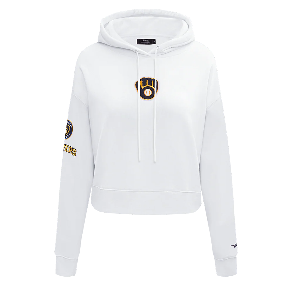 MLB MILWAUKEE BREWERS CLASSIC WOMEN'S CROPPED PULLOVER HOODIE (WHITE)
