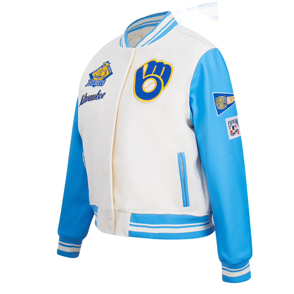 MLB MILWAUKEE BREWERS RETRO CLASSIC WOMEN'S RIB WOOL VARSITY JACKET (EGGSHELL/ UNIVERSITY BLUE) - Image 2