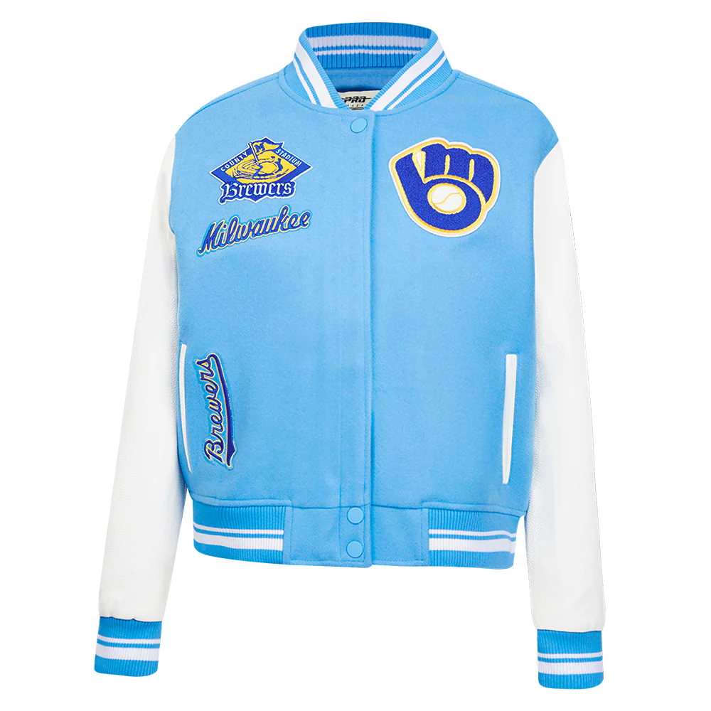 MLB MILWAUKEE BREWERS RETRO CLASSIC WOMEN'S RIB WOOL VARSITY JACKET (UNIVERSITY BLUE/WHITE)