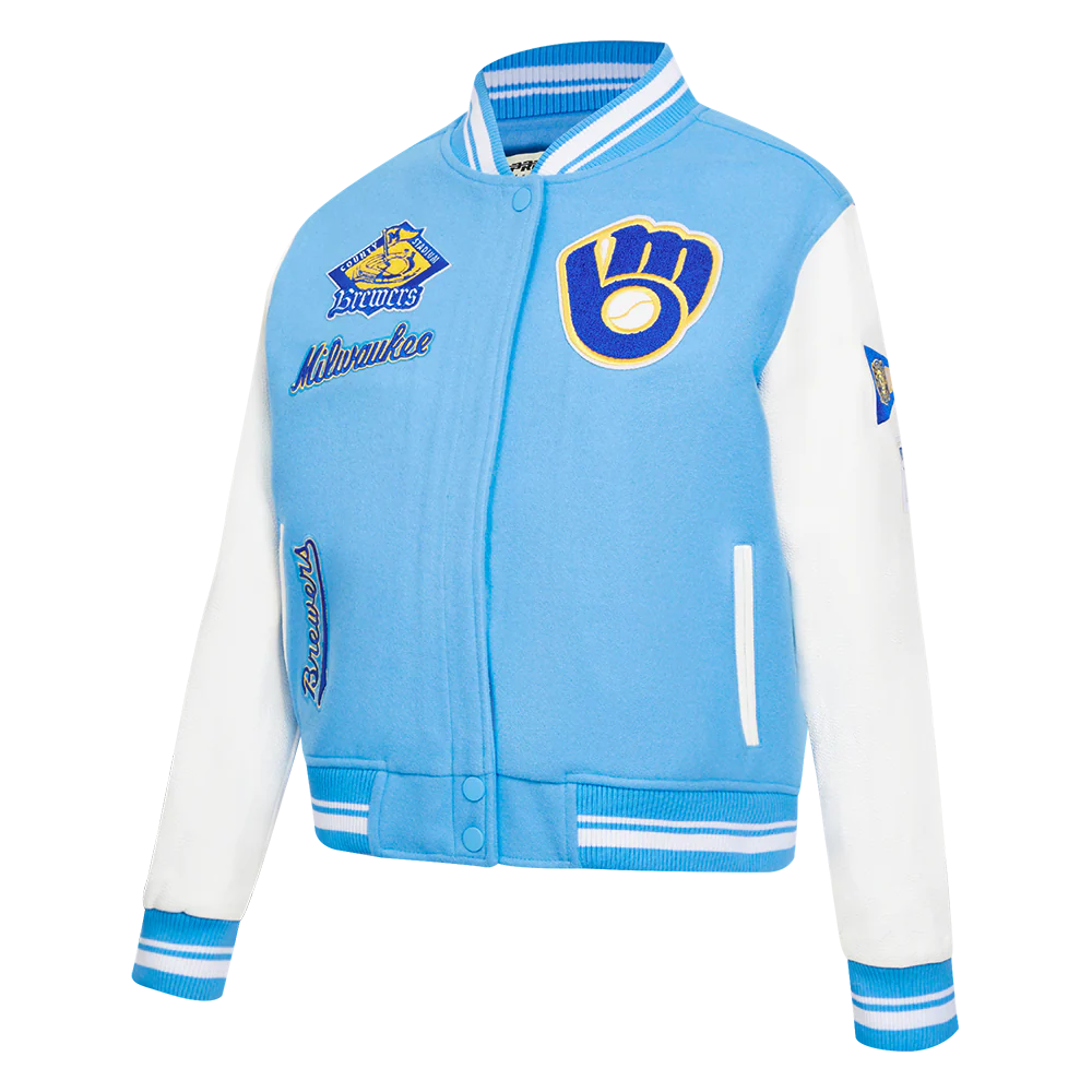 MLB MILWAUKEE BREWERS RETRO CLASSIC WOMEN'S RIB WOOL VARSITY JACKET (UNIVERSITY BLUE/WHITE) - Image 2
