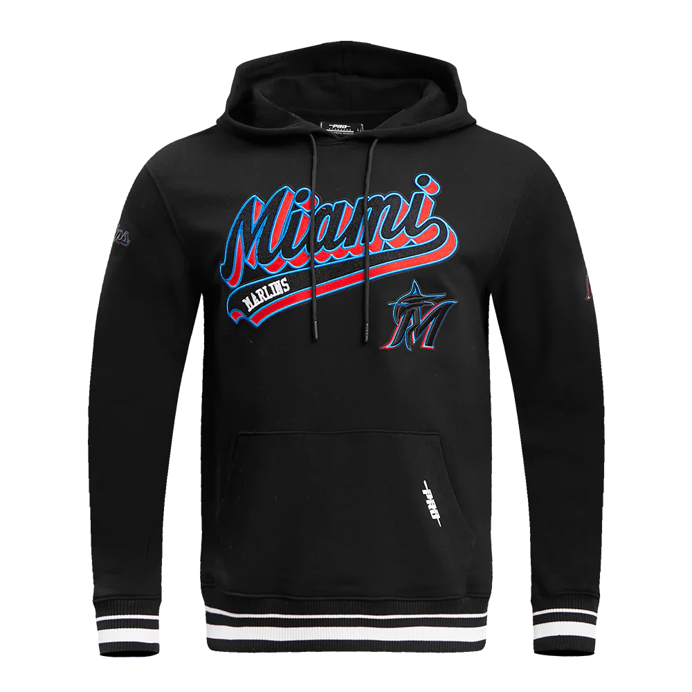 MLB MIAMI MARLINS SCRIPT TAIL MEN'S RIB FLEECE PULLOVER HOODIE (BLACK)