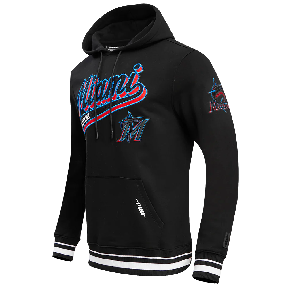 MLB MIAMI MARLINS SCRIPT TAIL MEN'S RIB FLEECE PULLOVER HOODIE (BLACK) - Image 2