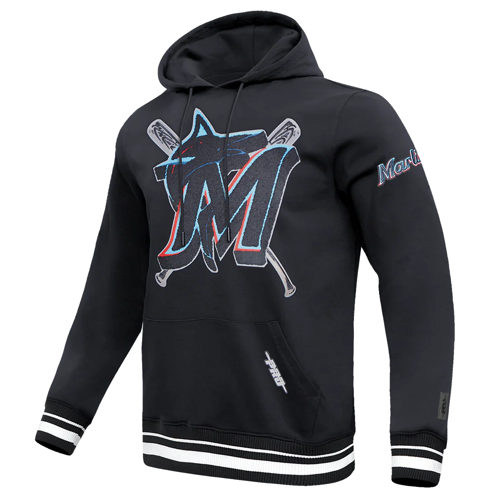 MLB MIAMI MARLINS MASHUP LOGO MEN'S PULLOVER HOODIE (BLACK) - Image 2