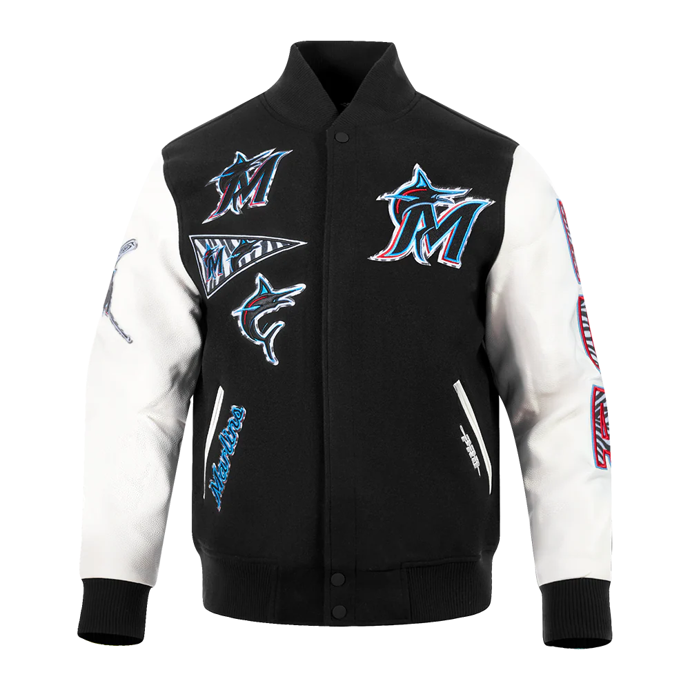MLB MIAMI MARLINS ANIMAL PRINT MEN'S WOOL VARSITY JACKET (BLACK/WHITE M60030)
