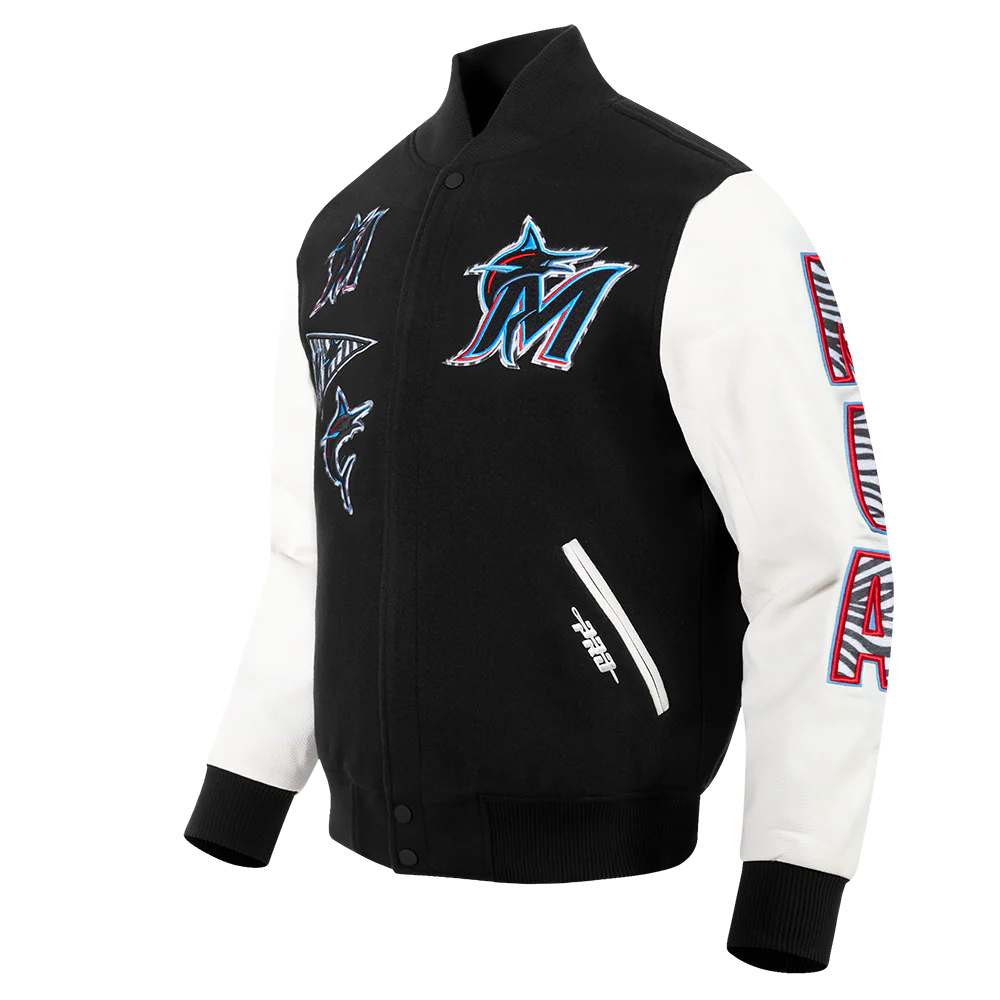 MLB MIAMI MARLINS ANIMAL PRINT MEN'S WOOL VARSITY JACKET (BLACK/WHITE M60030) - Image 2