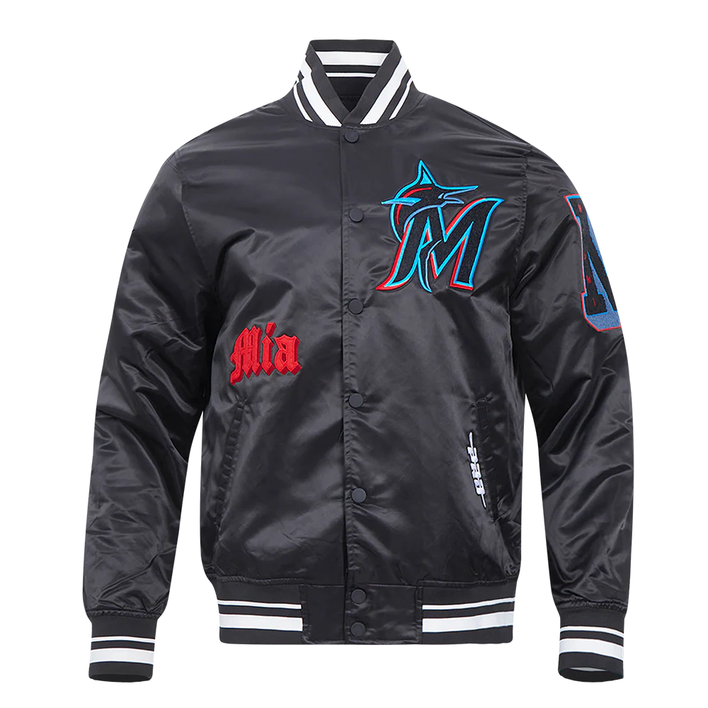 MLB MIAMI MARLINS OLD ENGLISH MEN'S RIB SATIN JACKET (BLACK)
