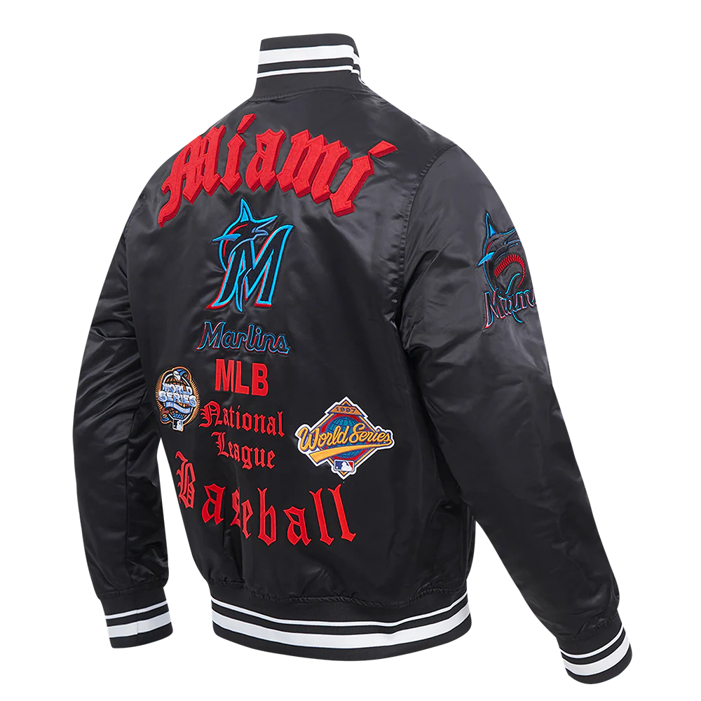 MLB MIAMI MARLINS OLD ENGLISH MEN'S RIB SATIN JACKET (BLACK) - Image 3