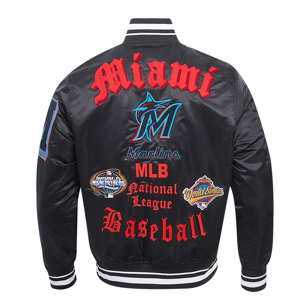 MLB MIAMI MARLINS OLD ENGLISH MEN'S RIB SATIN JACKET (BLACK) - Image 4