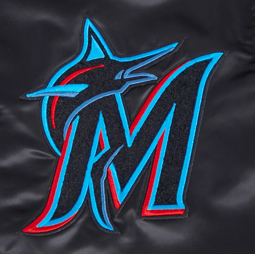 MLB MIAMI MARLINS OLD ENGLISH MEN'S RIB SATIN JACKET (BLACK) - Image 5