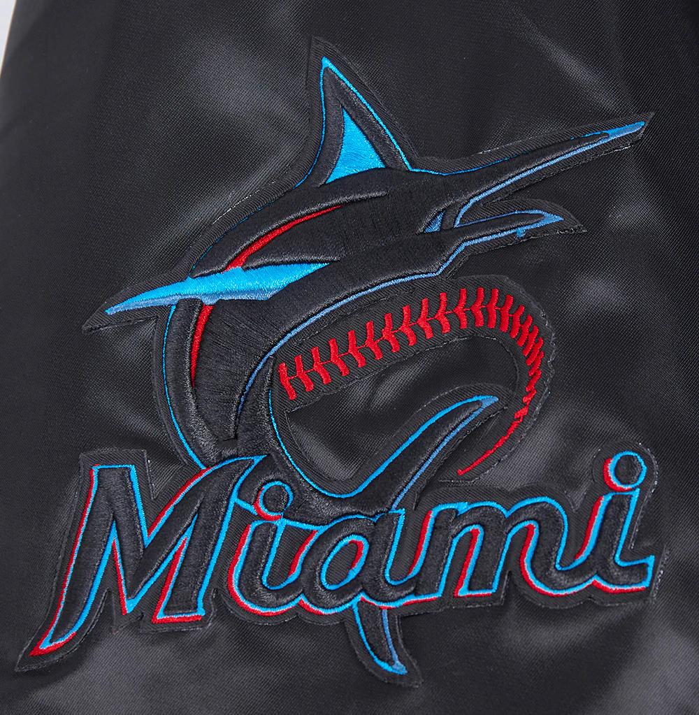 MLB MIAMI MARLINS OLD ENGLISH MEN'S RIB SATIN JACKET (BLACK) - Image 7