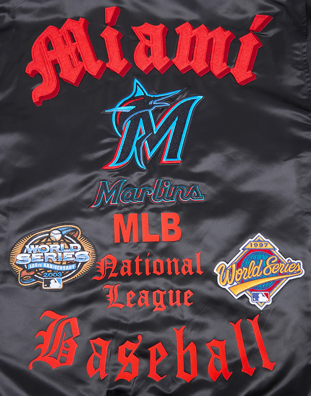 MLB MIAMI MARLINS OLD ENGLISH MEN'S RIB SATIN JACKET (BLACK) - Image 9