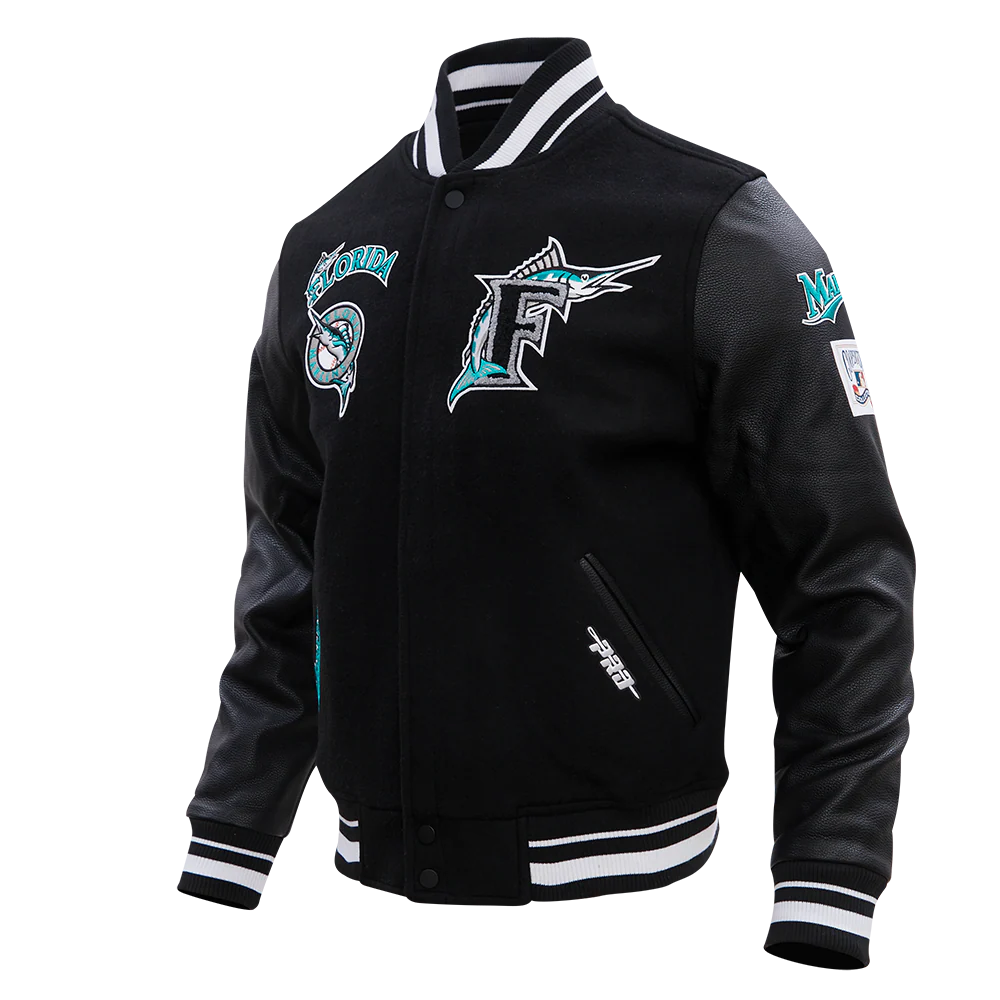 MLB FLORIDA MARLINS RETRO CLASSIC MEN'S RIB WOOL VARSITY JACKET (BLACK) - Image 2