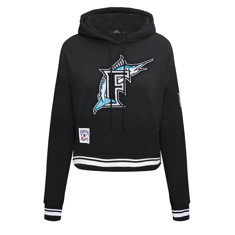 MLB FLORIDA MARLINS RETRO CLASSIC WOMEN'S CROPPED PULLOVER HOODIE (BLACK)