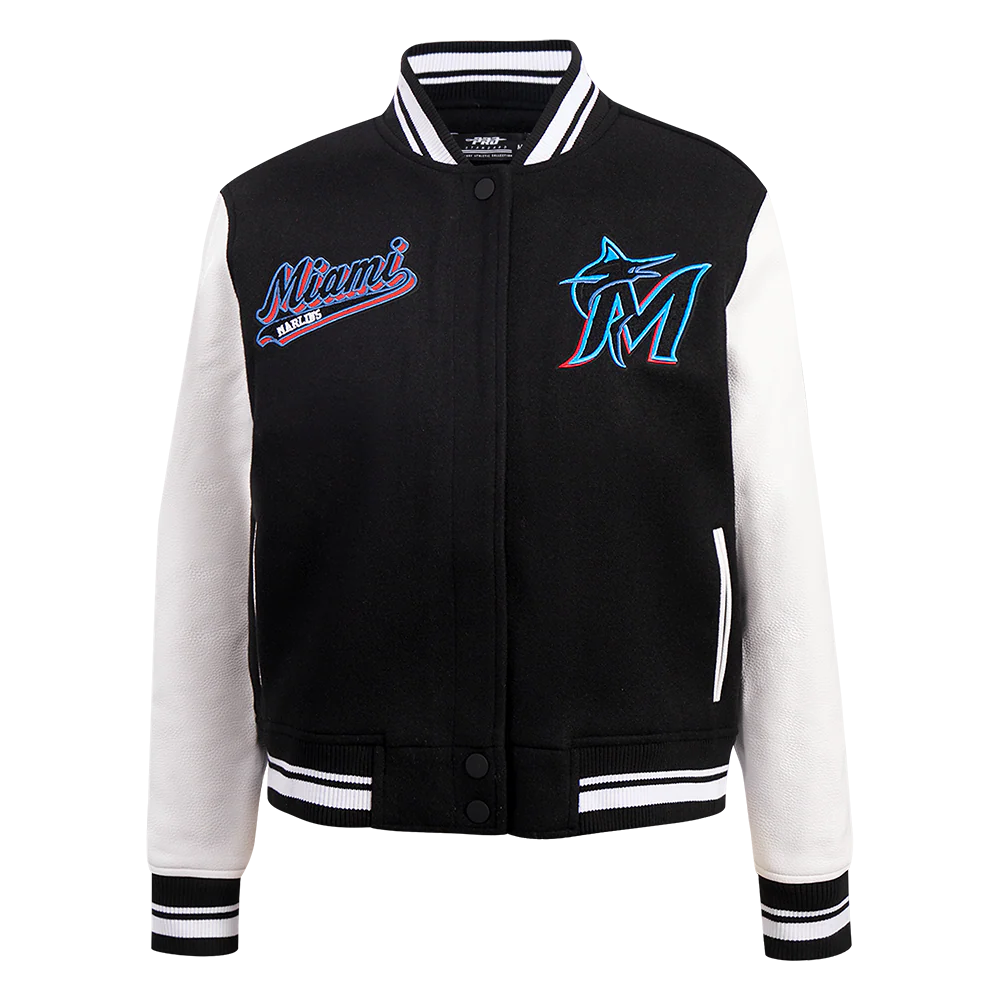 MLB MIAMI MARLINS SCRIPT TAIL WOMEN'S WOOL VARSITY JACKET (BLACK/WHITE)