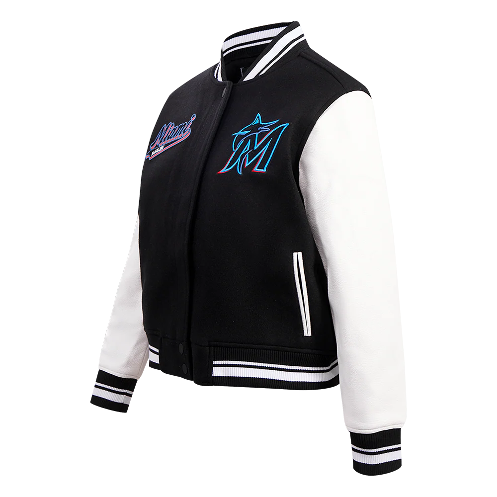 MLB MIAMI MARLINS SCRIPT TAIL WOMEN'S WOOL VARSITY JACKET (BLACK/WHITE) - Image 2