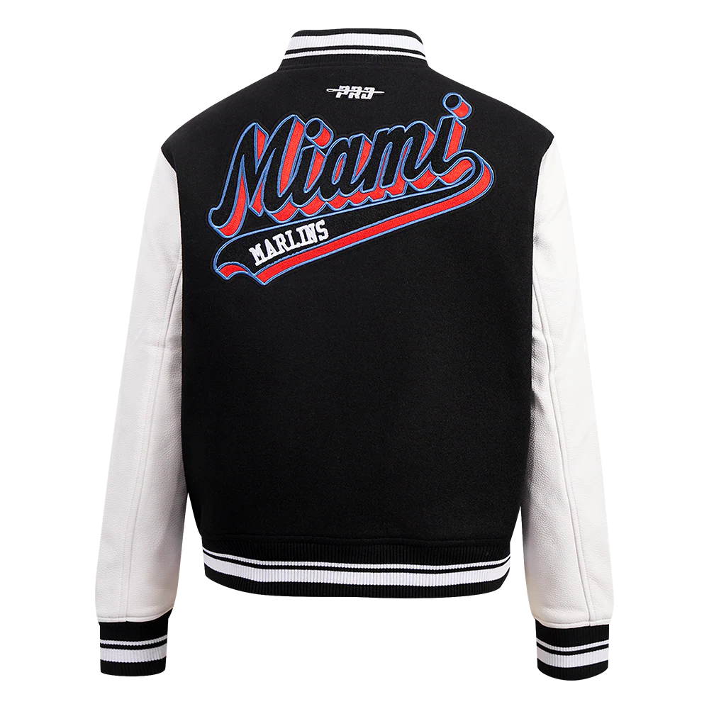 MLB MIAMI MARLINS SCRIPT TAIL WOMEN'S WOOL VARSITY JACKET (BLACK/WHITE) - Image 3