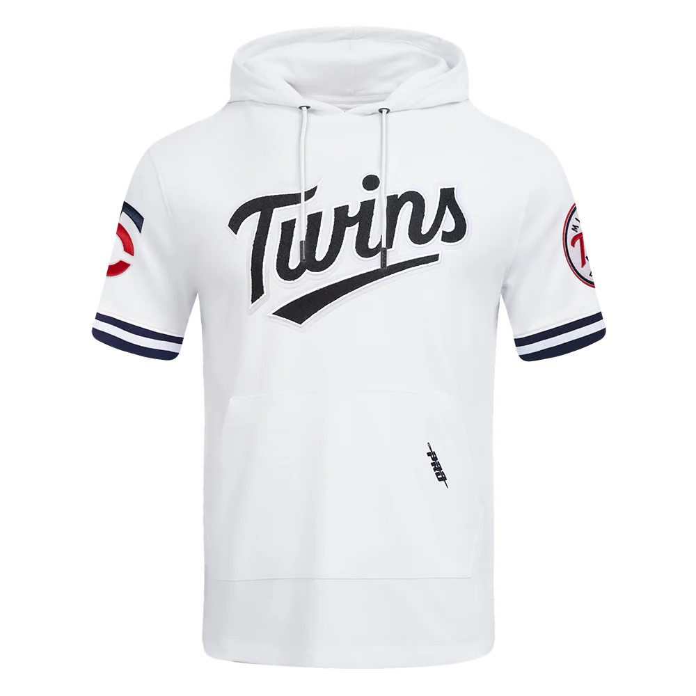 MLB MINNESOTA TWINS CLASSIC CHENILLE MEN'S DOUBLE KNIT SHORT SLEEVE PULLOVER HOODIE (WHITE/MIDNIGHT NAVY)