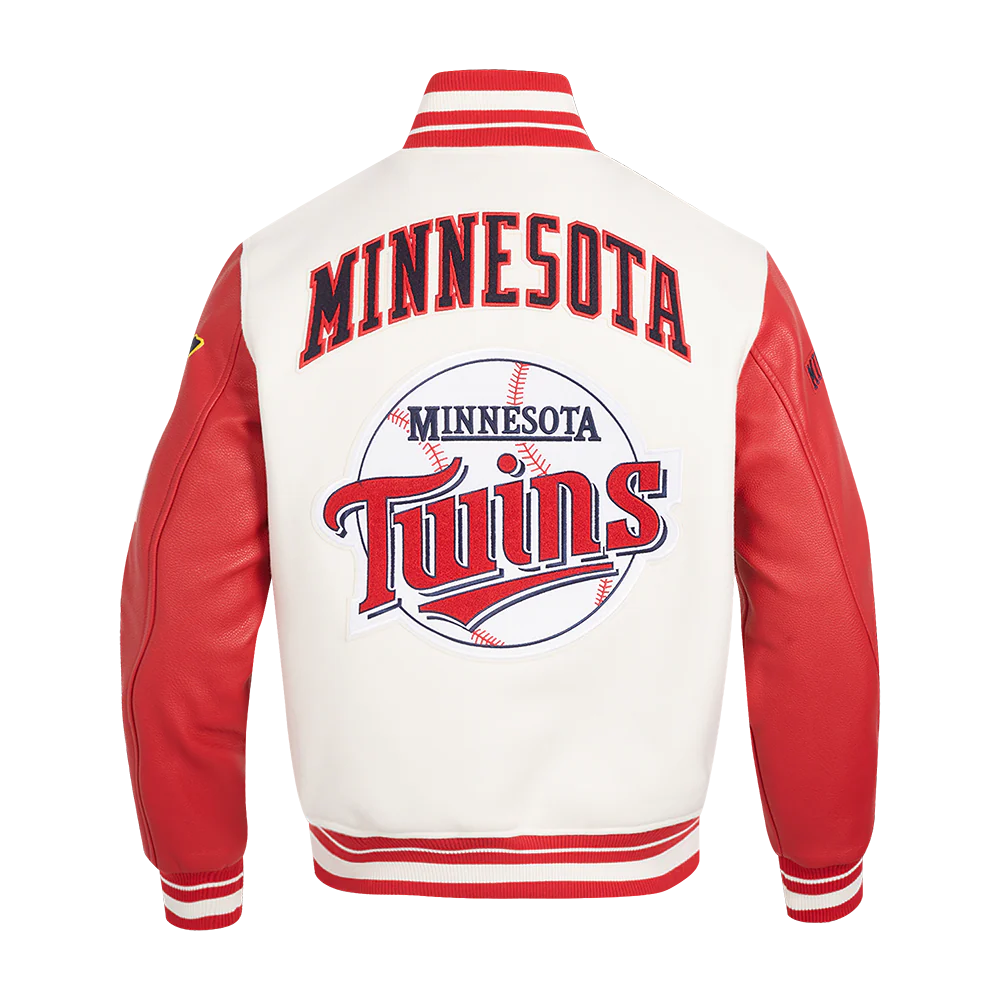 MLB MINNESOTA TWINS RETRO CLASSIC MEN'S RIB VARSITY JACKET (EGGSHELL/ RED) - Image 3