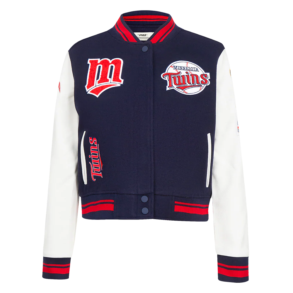 MLB MINNESOTA TWINS RETRO CLASSIC WOMEN'S RIB WOOL VARSITY JACKET (MIDNIGHT NAVY/RED/MIDNIGHT NAVY)