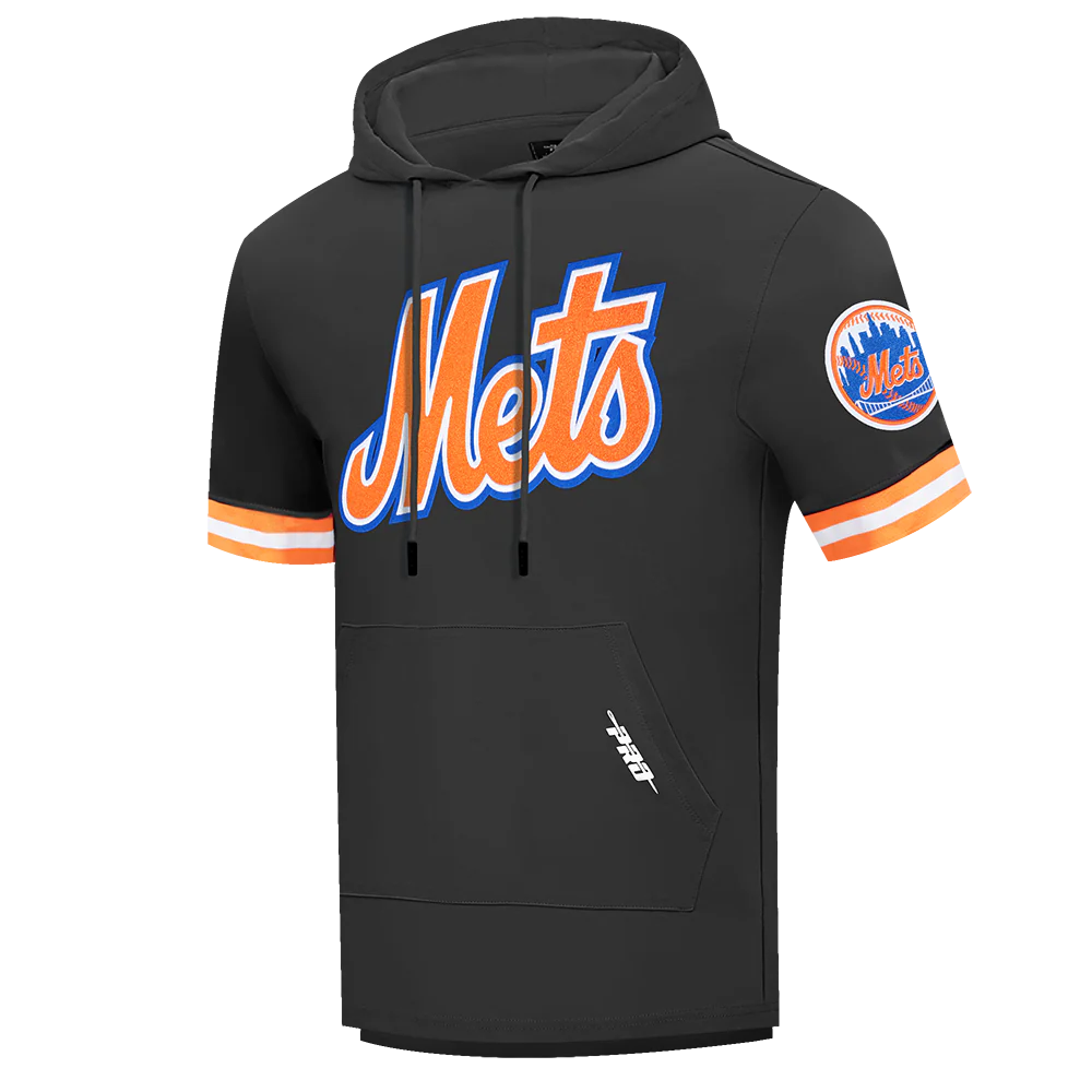 MLB NEW YORK METS CLASSIC CHENILLE MEN'S DOUBLE KNIT SHORT SLEEVE PULLOVER HOODIE (BLACK/ORANGE) - Image 2
