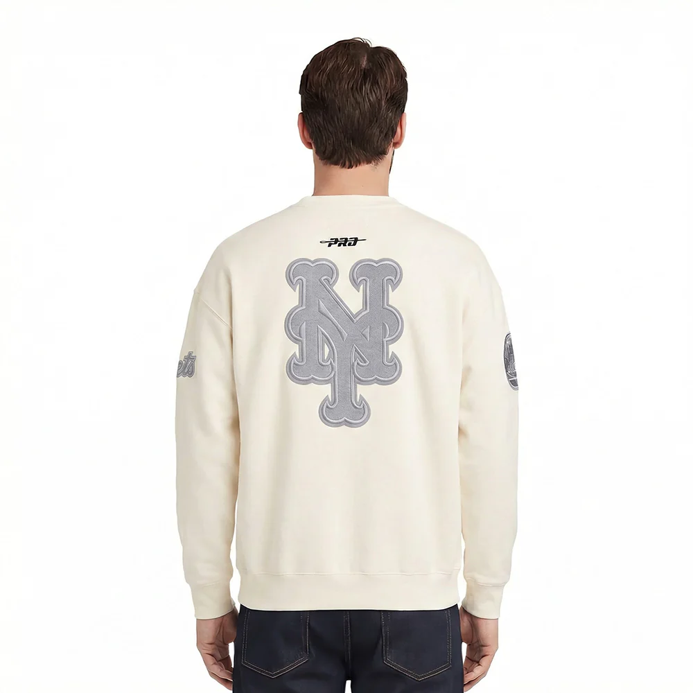 MLB NEW YORK METS REVERSE FRENCH TERRY MEN'S DROP SHOULDER FLEECE CREWNECK (EGGSHELL) - Image 2