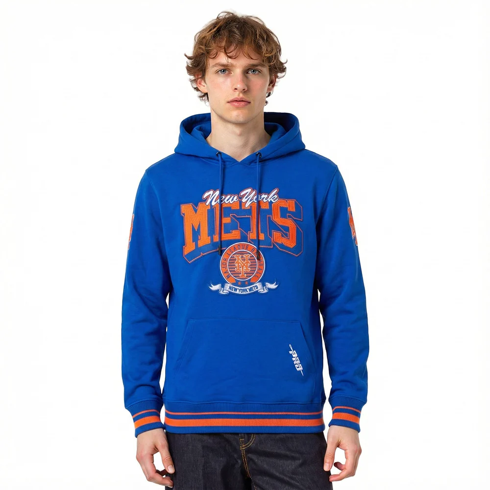MLB NEW YORK METS TEAM BADGE MEN'S RIB FLC PO HOODIE (ROYAL/ORANGE/ROYAL)