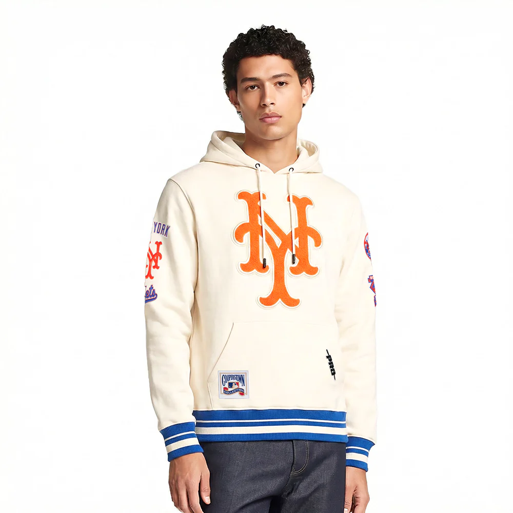 MLB NEW YORK METS RETRO CLASSICS MEN'S RIB FLC PO HOODIE (EGGSHELL/ROYAL BLUE)