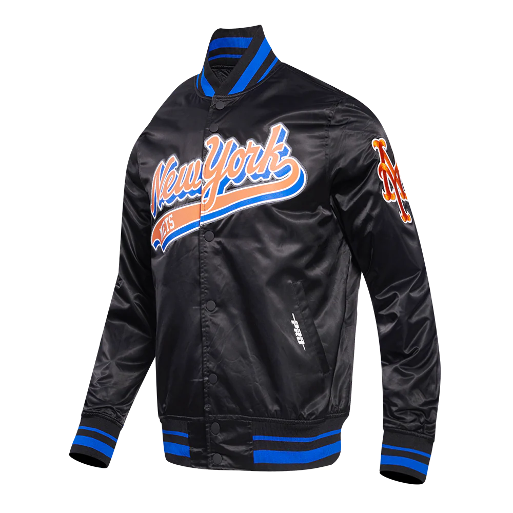 MLB NEW YORK METS SCRIPT TAIL MEN'S SATIN JACKET (BLACK/ROYAL BLUE/BLACK) - Image 2