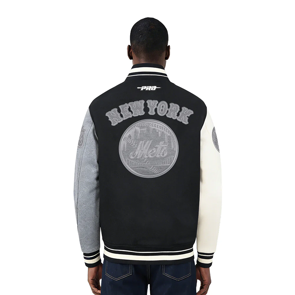 MLB NEW YORK METS REVERSE FRENCH TERRY MEN'S COLOR BLOCK WOOL VARSITY JACKET (BLACK/GRAY/EGGSHELL) - Image 2