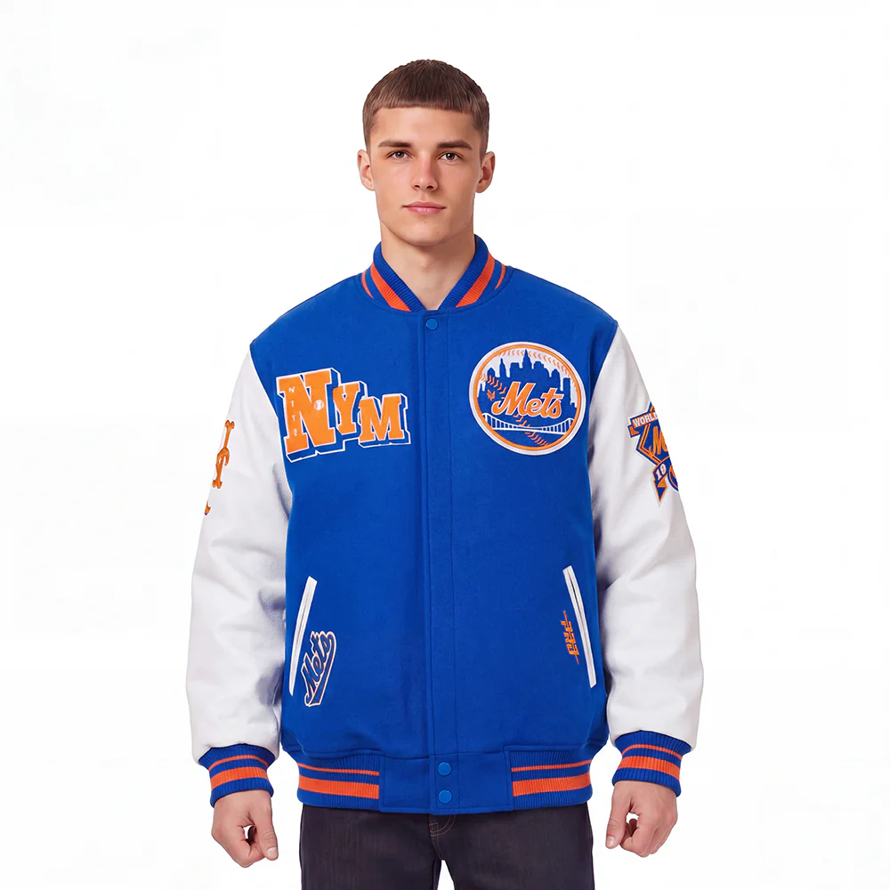 MLB NEW YORK METS BEST OF MEN'S RIB WOOL VARSITY JACKET (ROYAL/ORANGE/ROYAL)