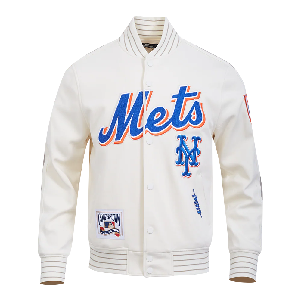 MLB NEW YORK METS COOPERSTOWN LOGO PRO GAME DAY MEN'S DOUBLE KNIT JACKET (EGGSHELL/TAUPE/EGGSHELL)