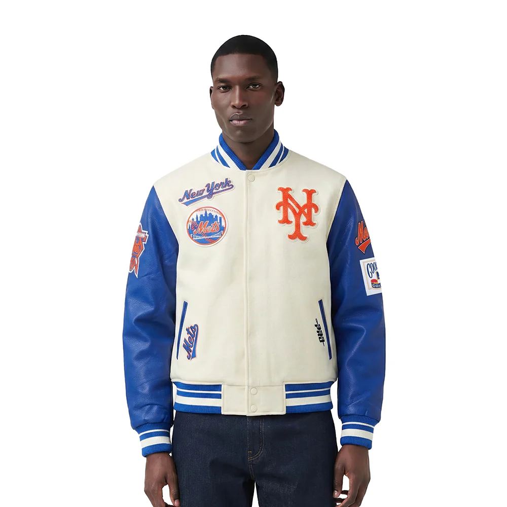MLB NEW YORK METS RETRO CLASSICS MEN'S RIB WOOL VARSITY JACKET (EGGSHELL/ROYAL BLUE)